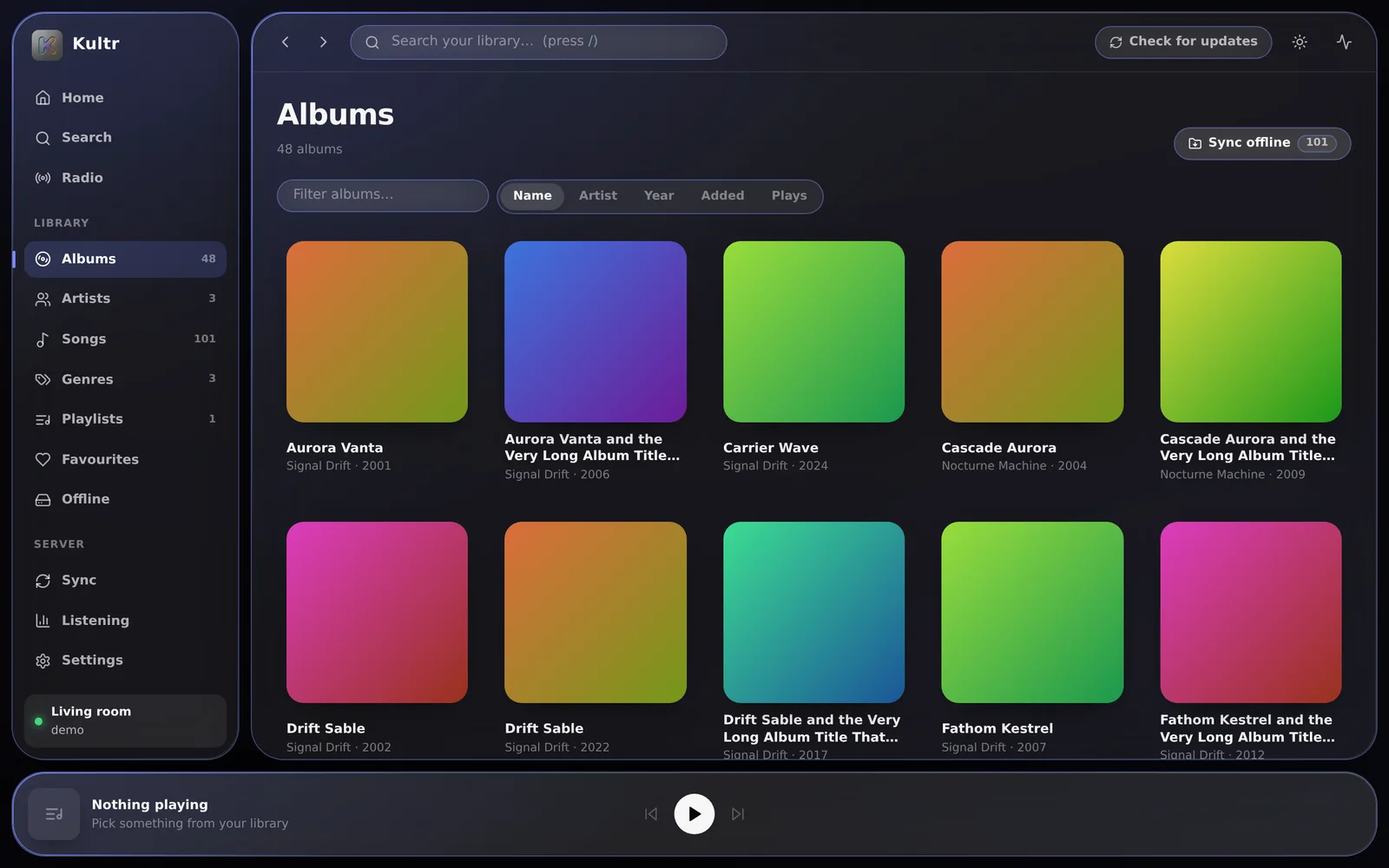 The albums grid in Kultr, with a sidebar and a player bar in glass.