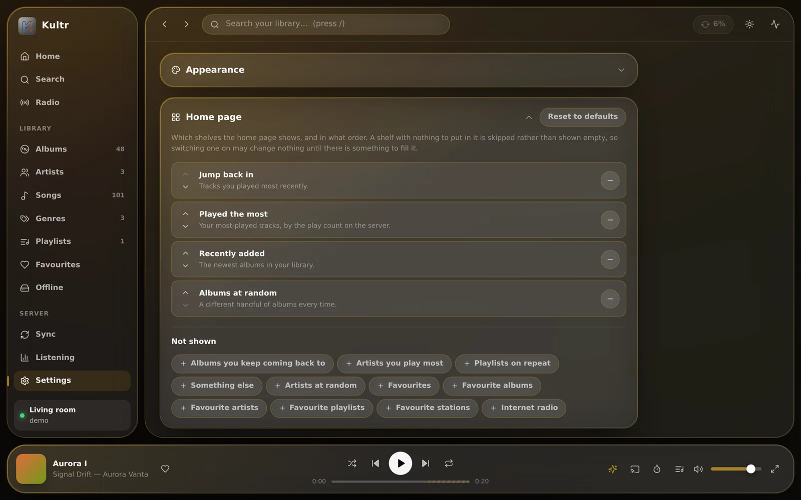 Settings for choosing and ordering the home page shelves.