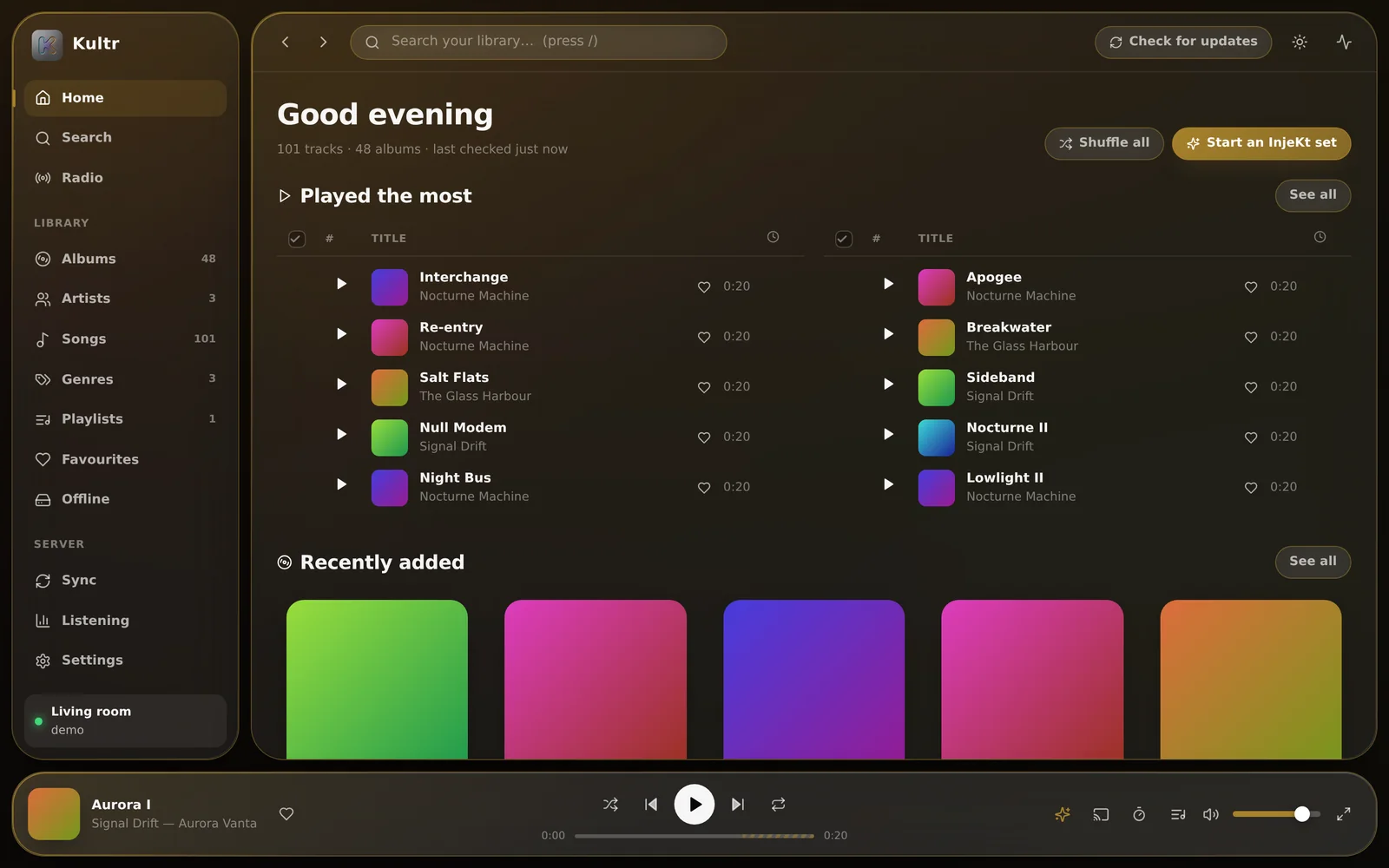 The home page, greeting with Good evening above the Played the most and Recently added shelves.