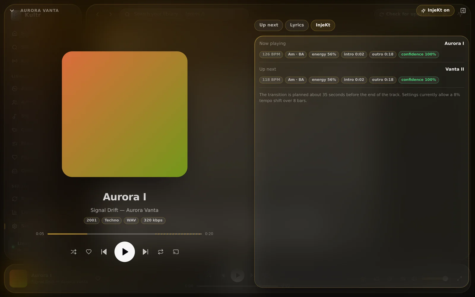 The full-screen player's InjeKt tab: BPM, key, energy, intro and outro for both tracks.