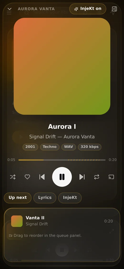 Kultr on a phone: the full-screen player with InjeKt on.