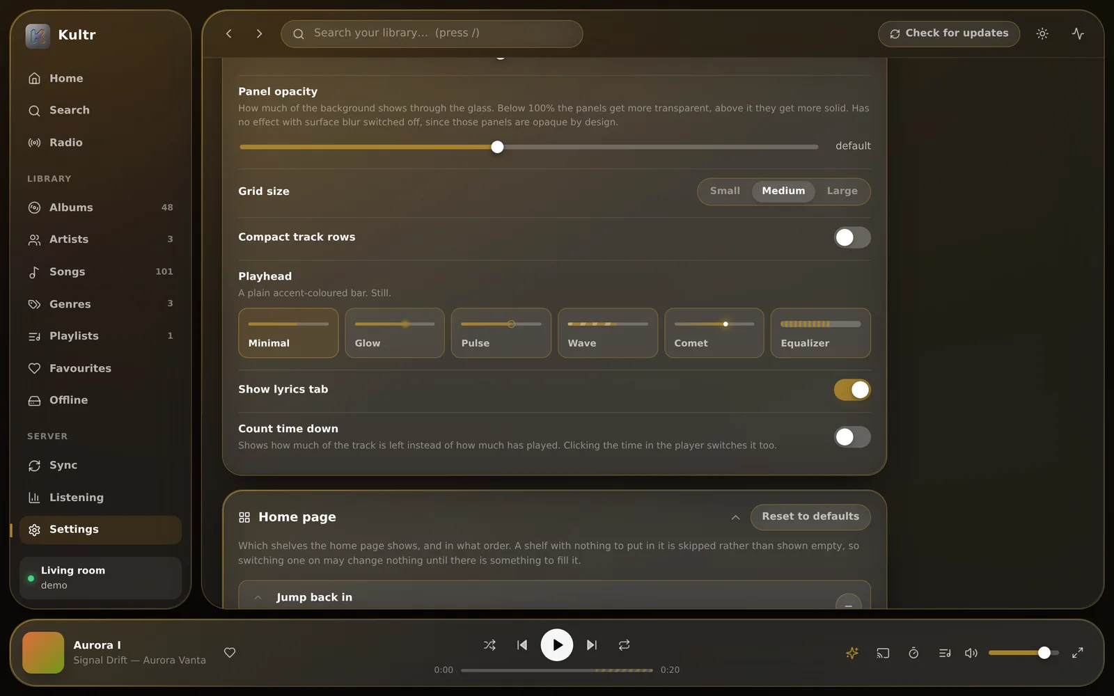 Appearance settings: panel opacity, grid size, six playhead styles and count time down.